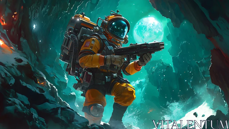 Armored astronaut holds rifle within illuminated ice cavern