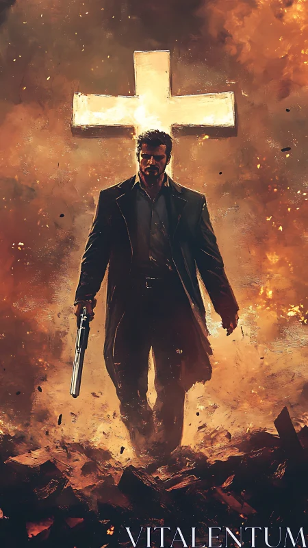 Armed vigilante emerging from inferno beneath luminous cross.