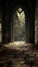 Gothic stone passageway with fallen crimson petals glow.