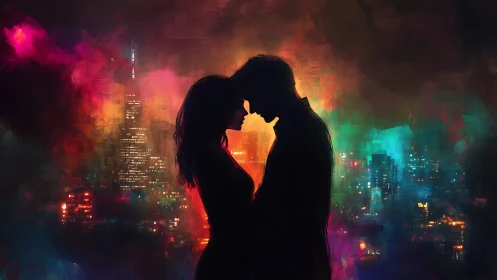 Urban Romance: Silhouetted Couple Amid Neon Cityscape.