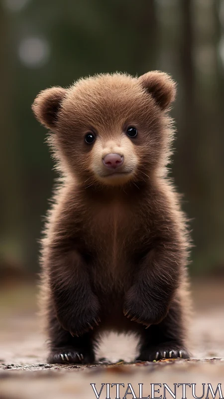 Wide-eyed forest cub standing on tiny, curious paws.