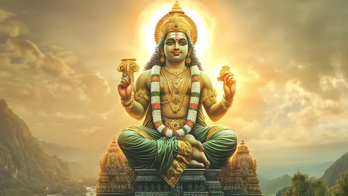Radiant digital deity seated against luminous mountain sky
