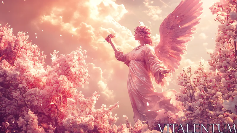 Celestial blossom angel drifts through coral clouds in spring
