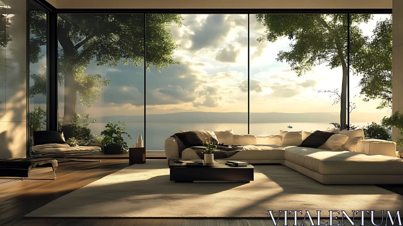 Lakefront glass living room frames golden sunrise view.