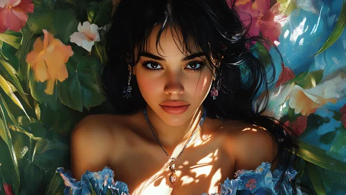 Soft sunlight embraces a dreamy woman resting in flowers