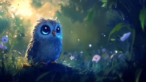 Adorable Baby Owl in Enchanted Forest, Digital Fantasy Art.