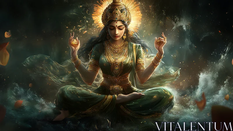 Radiant goddess in serene meditation over swirling waters.
