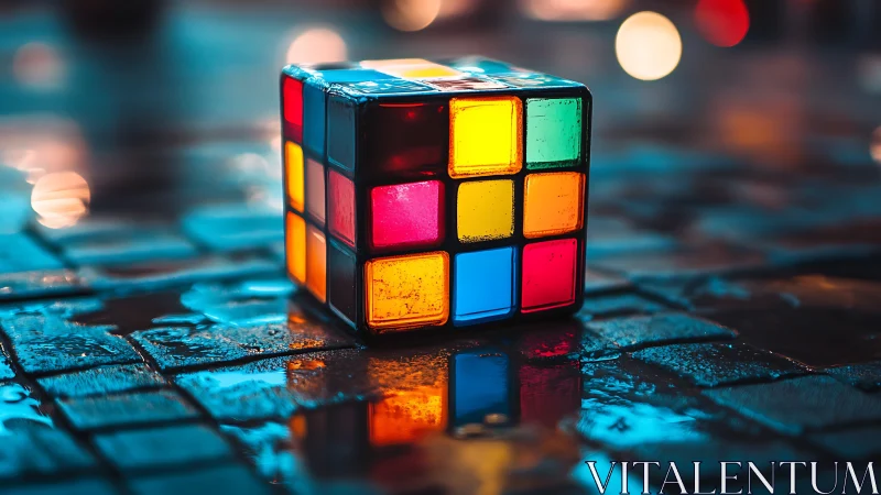 Rubik’s cube rests on wet pavement with neon reflections