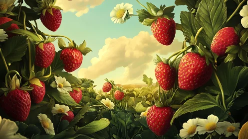 Strawberry plants with flowers under soft evening sky.