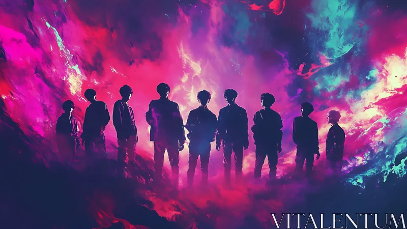 Silhouetted group against neon cloudlike abstract backdrop.