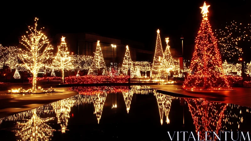 Sparkling Christmas trees glow warmly around a quiet water pond