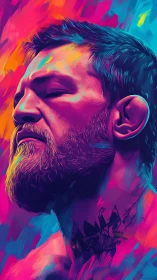 Neon portrait shows contemplative man in bold color swirls.