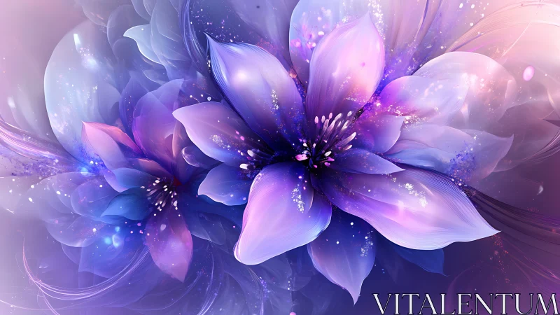 Iridescent violet blossoms explode in luminous digital bloom.