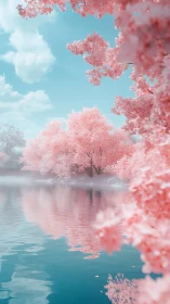 Cotton-candy cherry grove drifting above glassy skywater.