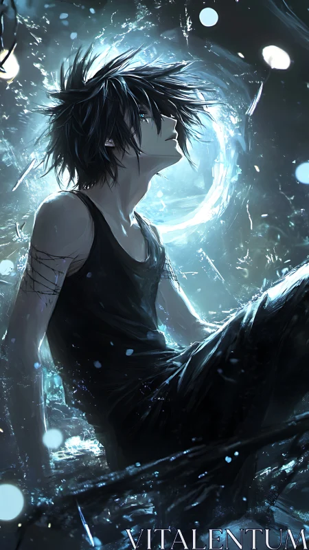 Solitary anime figure in luminous vortex of shattered light.