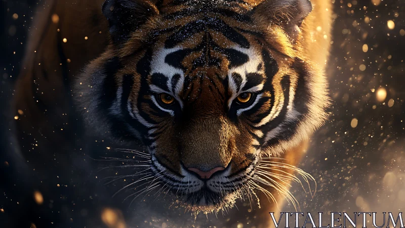 Tiger close-up in dramatic low light with floating embers.