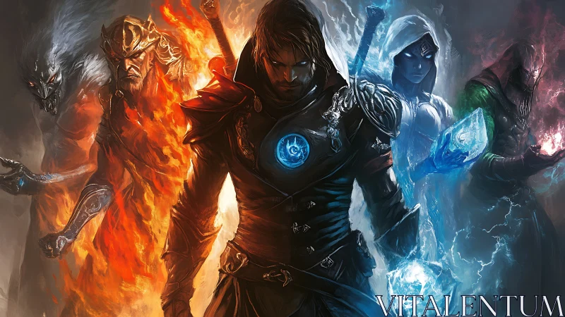 Elemental battle mages aligned in fire, ice, and shadow.