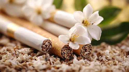 Floral cigarettes rest among petals in soft golden light.