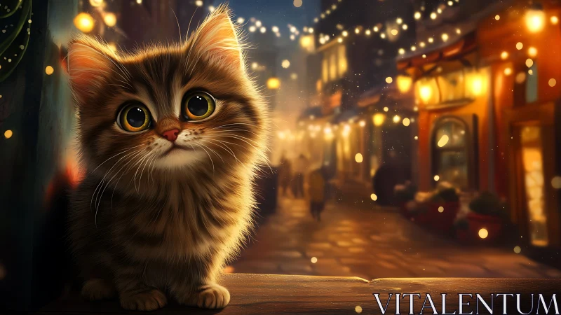 Fluffy Cat in Warm Evening Street Scene.
