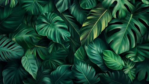 Tropical monstera leaf pattern with deep green foliage.