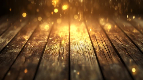 Golden rain sparks over weathered wooden floorboards.