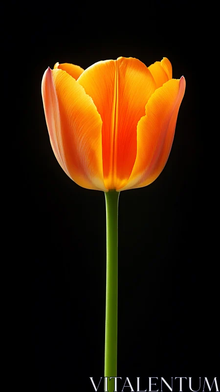 Single orange tulip in sharp focus against black background.