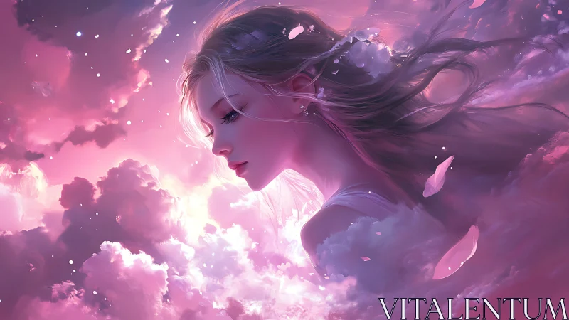 Dreamy sky maiden drifting through soft pink clouds.