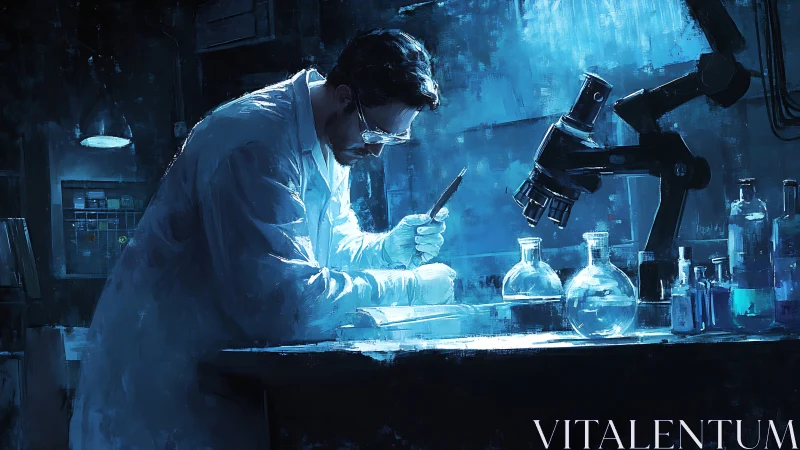 Scientist conducts laboratory work under focused blue lighting