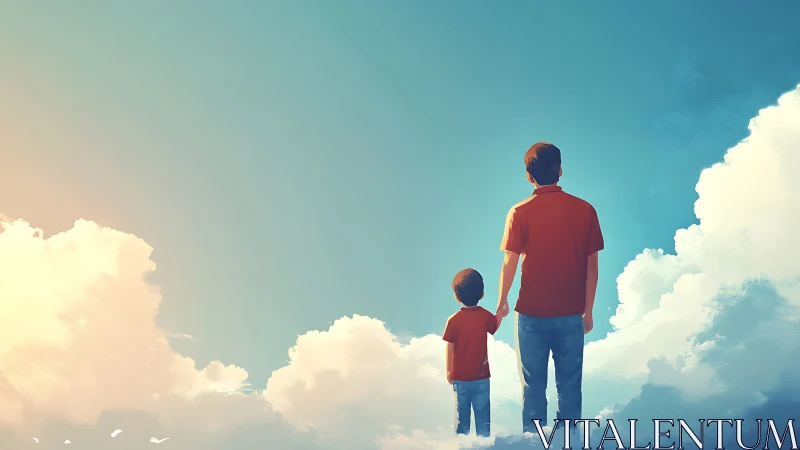 Father and son stand on clouds against bright open sky