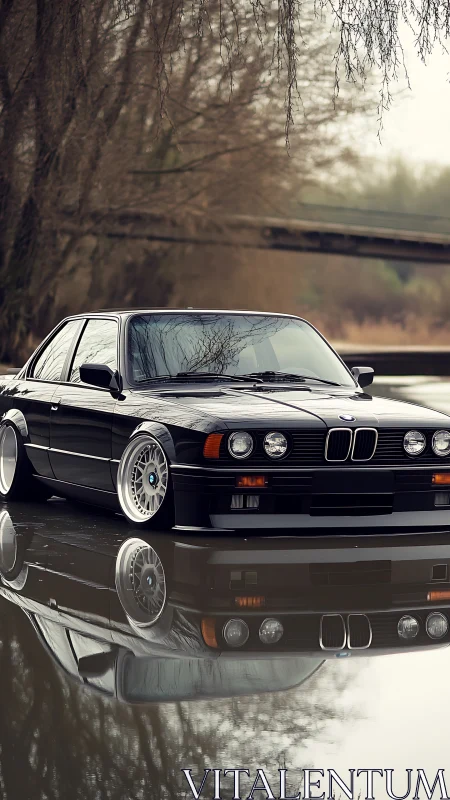 Classic black BMW sedan mirrored on tranquil wet asphalt.