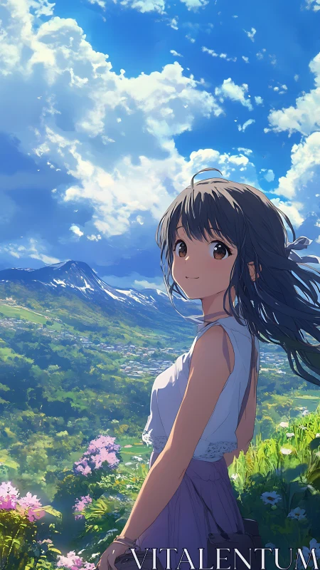 Anime girl standing on mountain hillside under bright sky.
