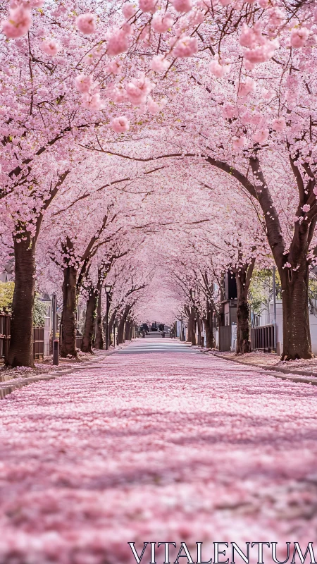 Cherry blossom trees line a quiet street in full bloom