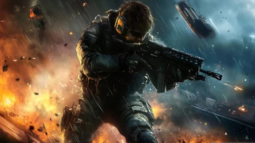 Ballistic operator advancing through high-energy urban detonation.