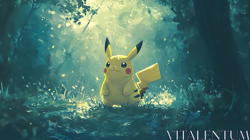 Pikachu stands in a glowing, enchanted forest clearing.