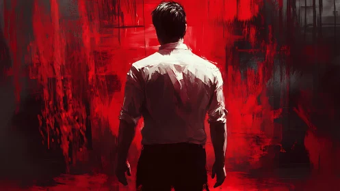 Male figure viewed from behind before red abstract field.