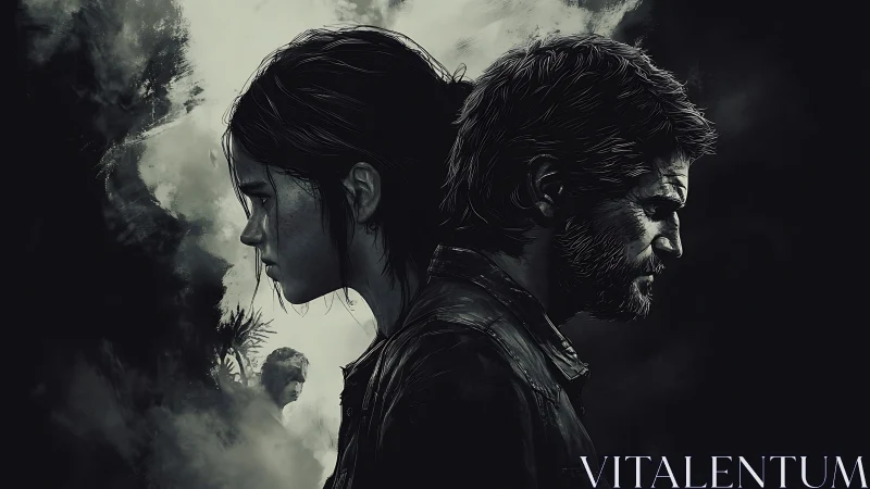 Backlit dual portraits in moody monochrome drama.