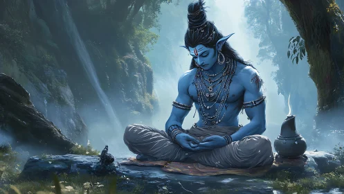 Blue-skinned meditative figure seated in dense forest setting.