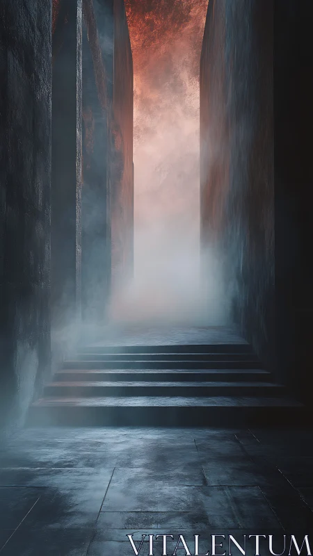 Stairway of Mist and Ember Between Brooding Monolith Walls.