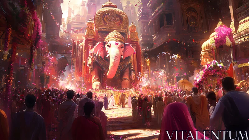 Majestic pink elephant idol dominates luminous festival procession