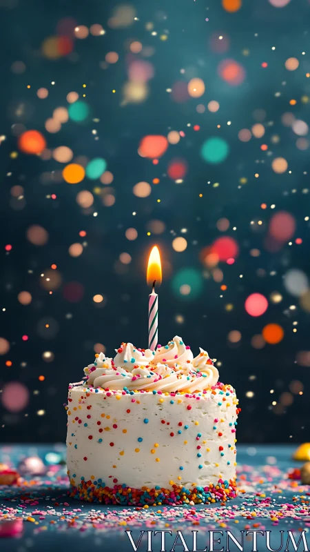 Celebratory Layer Cake with Lit Candle and Bokeh Background.