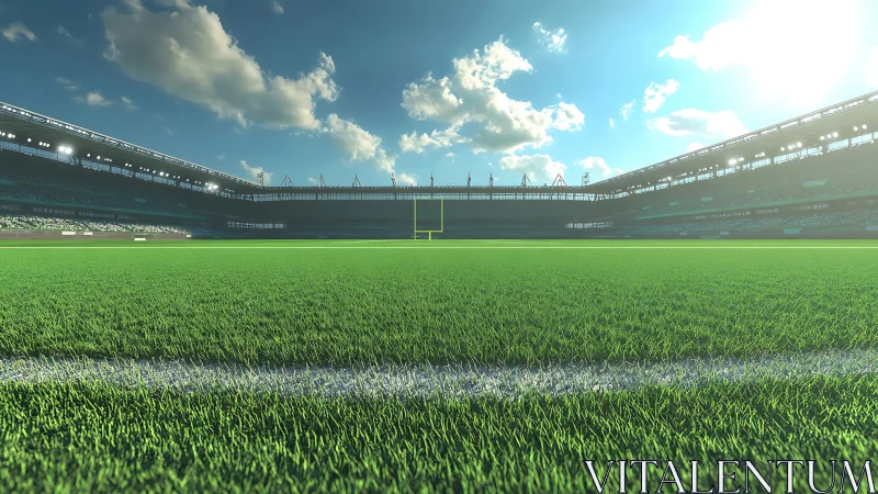 Wide-angle view shows empty football field under daylight