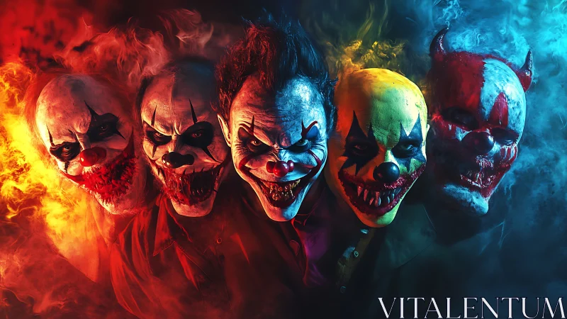 Sinister clown gang in fiery red and icy blue smoke.