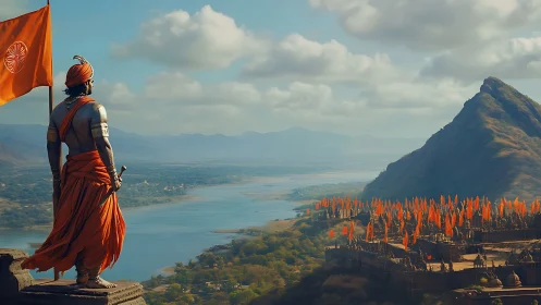 Warrior in orange overlooking riverside fortress of flags.