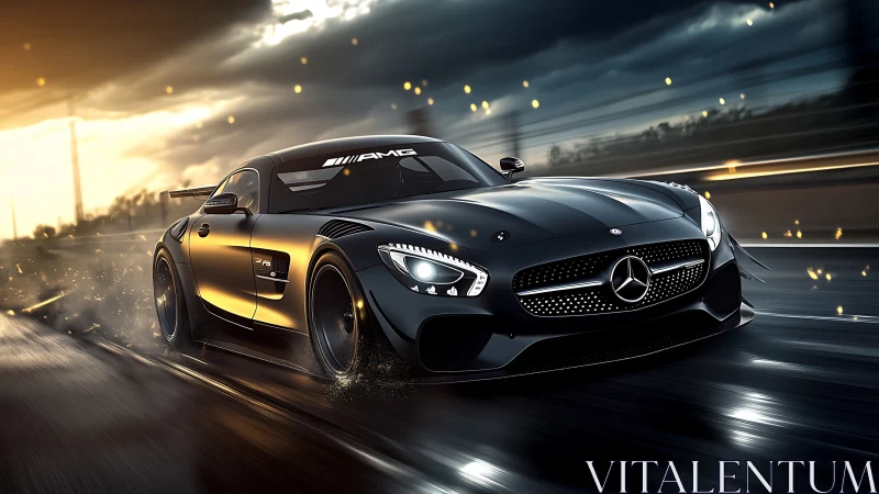 Midnight Mercedes AMG supercar slicing through rain-soaked track.