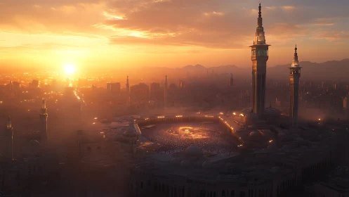 Sunrise illuminates grand mosque courtyard and distant city