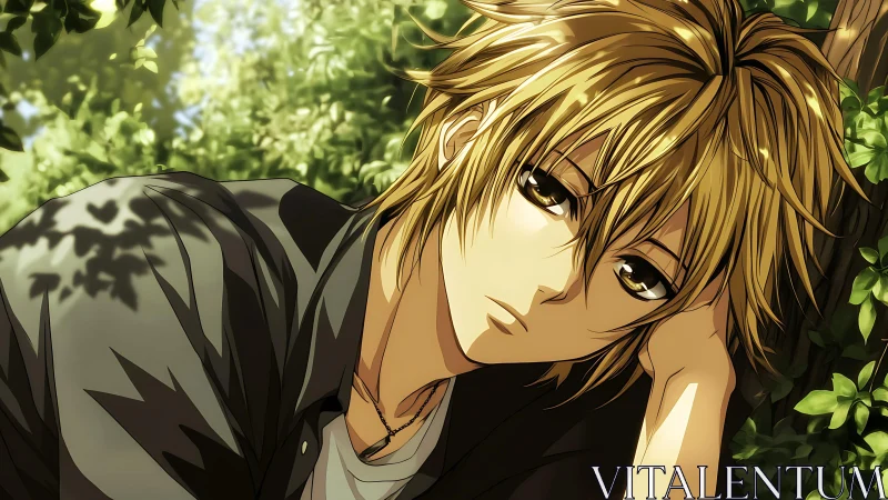 Golden haired anime boy resting in dappled forest light.