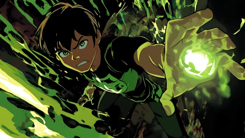 Youthful character extends glowing green energy sphere forward