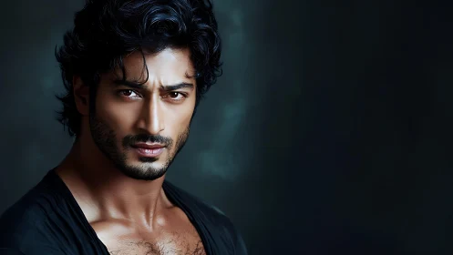 Intense male portrait captures strong gaze against dark void