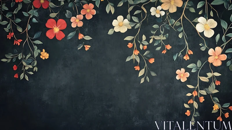 Botanical illustration with trailing flowers on darkened surface