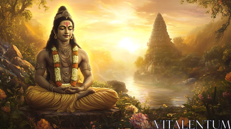 Sun-drenched yogi in golden valley of sacred river dreams.